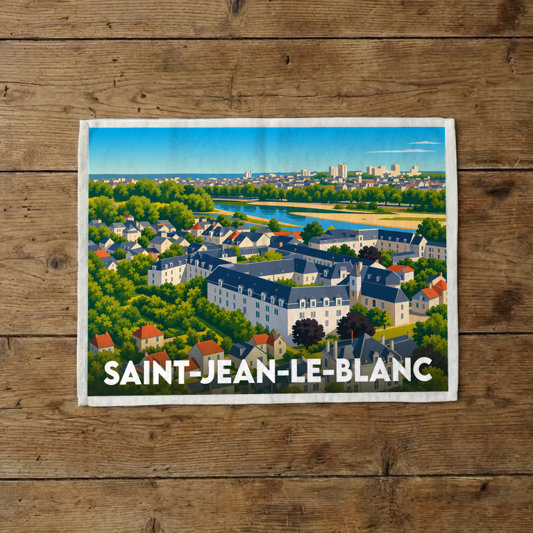 Torchon souvenir de la ville de Saint-Jean-le-Blanc illustré par une vue panoramique stylisée.