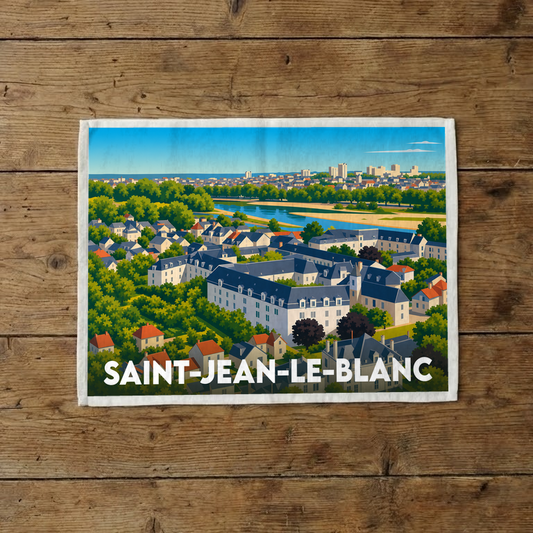 Torchon souvenir de la ville de Saint-Jean-le-Blanc illustré par une vue panoramique stylisée.