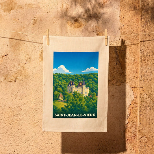 Torchon souvenir de la ville de Saint-Jean-le-Vieux illustré d'un château entouré de forêt.