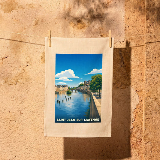 Torchon souvenir de la ville de Saint-Jean-sur-Mayenne avec une illustration stylisée des bords de l'eau.