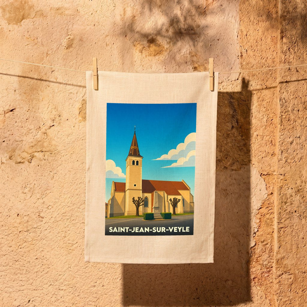 Torchon souvenir de la ville de Saint-Jean-sur-Veyle avec une illustration stylisée de son église.