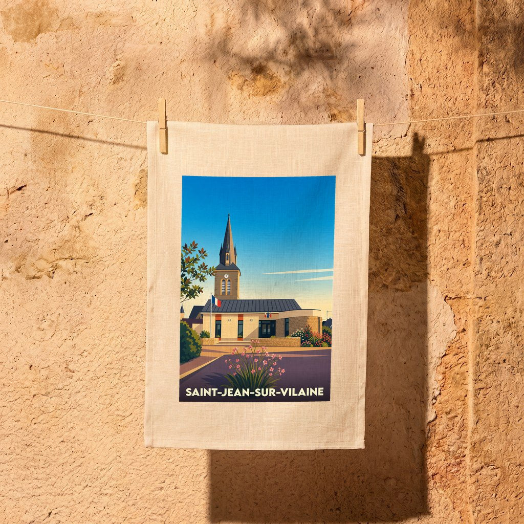 Torchon souvenir de Saint-Jean-sur-Vilaine illustré d'une vue stylisée de la commune.