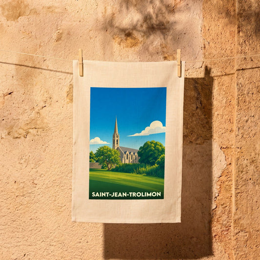 Torchon souvenir de la ville de Saint-Jean-Trolimon avec une illustration stylisée de son église et de son paysage.