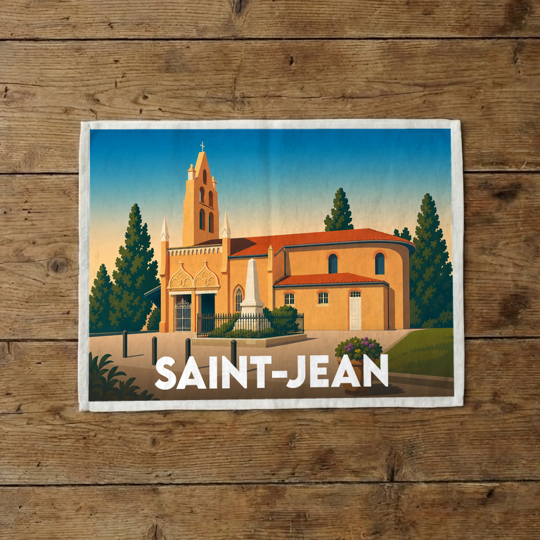 Torchon souvenir de la ville de Saint-Jean illustré d'une église de style provençal sous un ciel azur.
