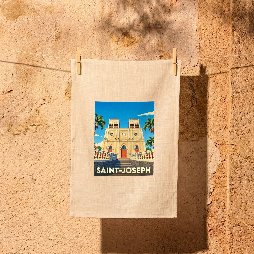Torchon souvenir de la ville de Saint-Joseph avec une illustration stylisée de son église et de palmiers.