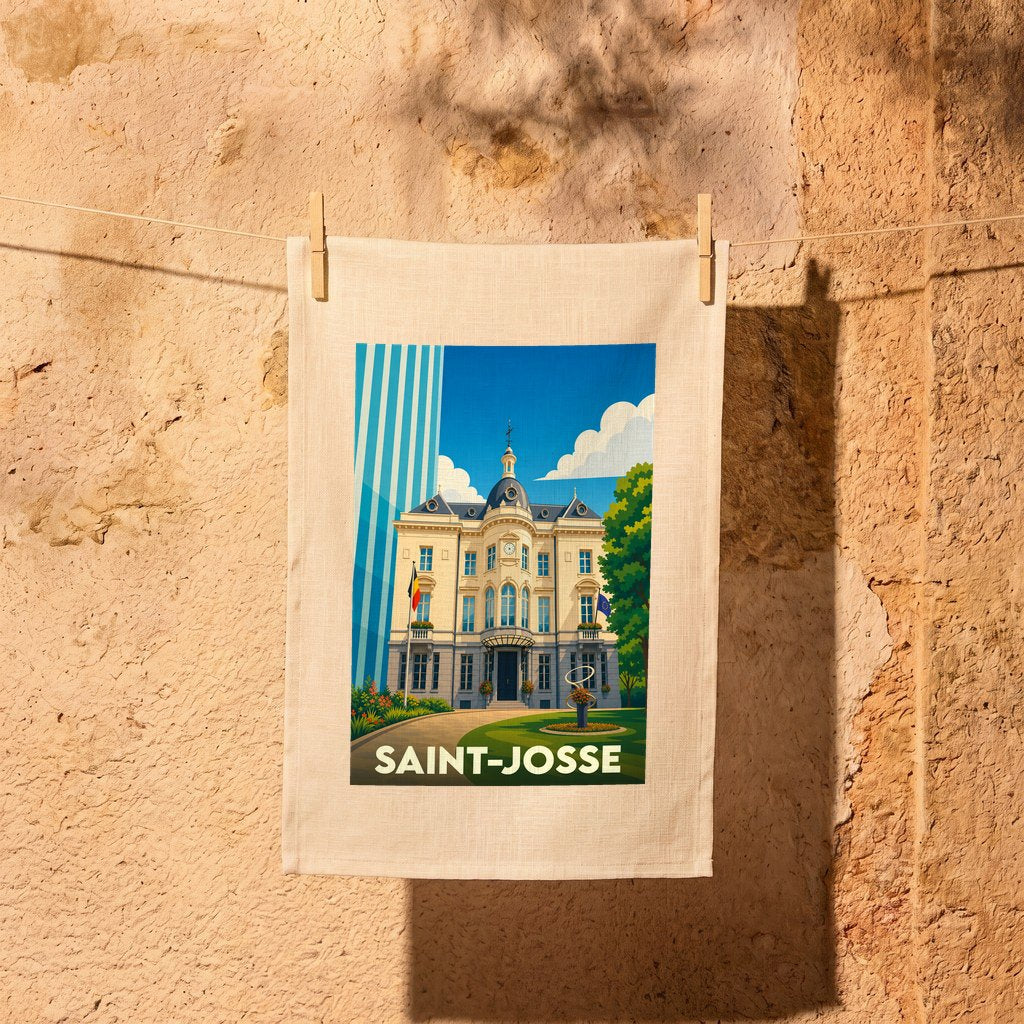 Torchon souvenir de la ville de Saint-Josse avec une illustration stylisée de sa maison communale.