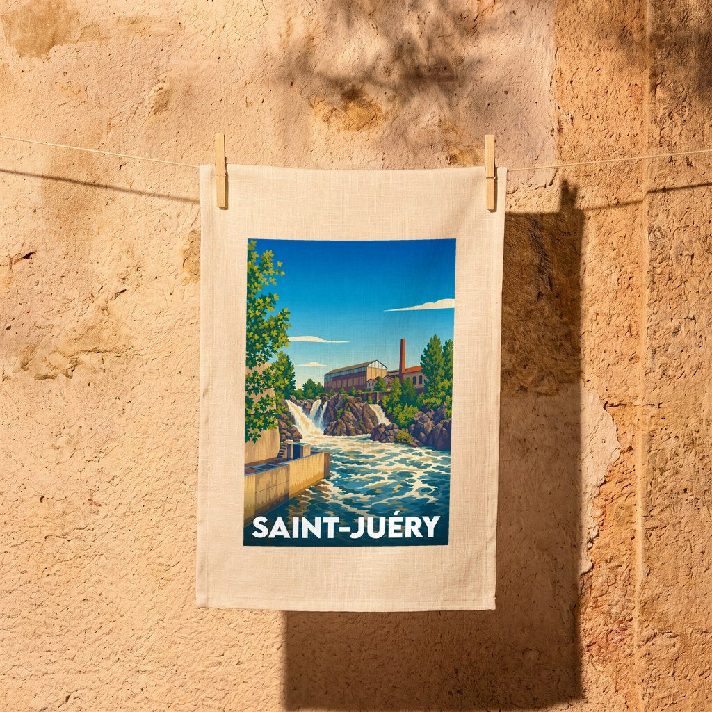 Torchon de cuisine souvenir de la ville de Saint-Juéry avec une illustration stylisée du saut du Tarn.
