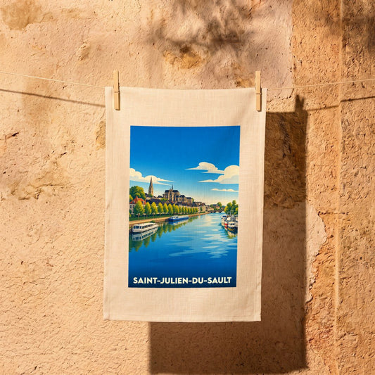 Torchon souvenir de la ville de Saint-Julien-du-Sault avec une illustration stylisée des quais de l'Yonne.