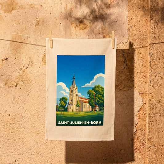 Torchon souvenir de la ville de Saint-Julien-en-Born avec une illustration stylisée de son église.