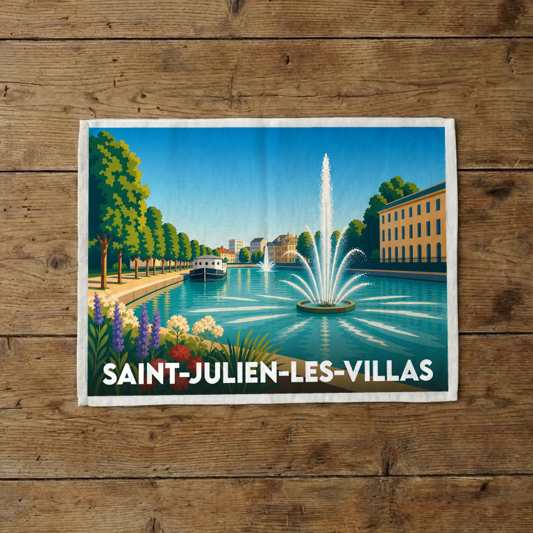Torchon souvenir de la ville de Saint-Julien-les-Villas avec une illustration stylisée de ses canaux et fontaines.