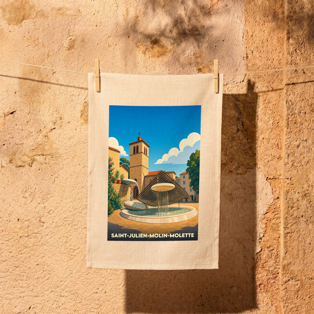 Torchon souvenir de la ville de Saint-Julien-Molin-Molette avec une illustration stylisée de sa place centrale.