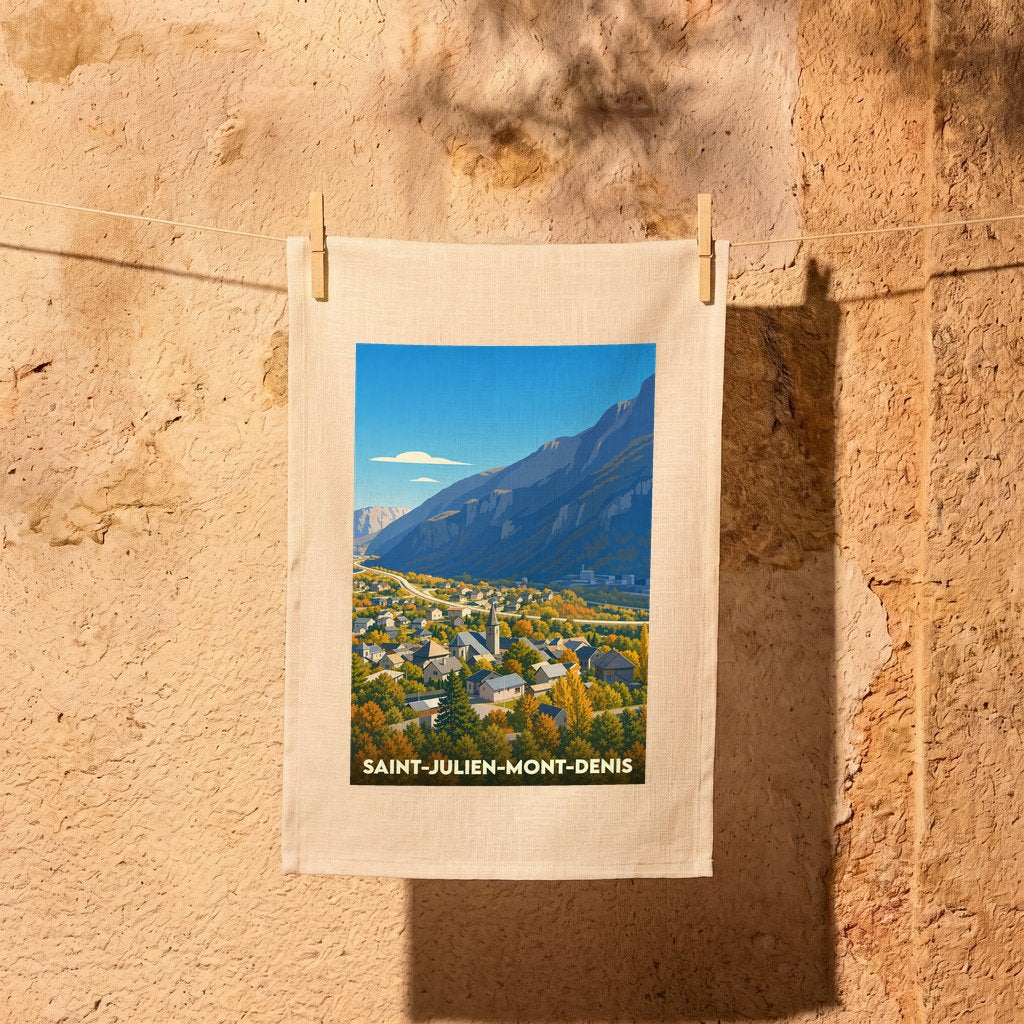Torchon souvenir de la ville de Saint-Julien-Mont-Denis avec une illustration stylisée de la vallée.