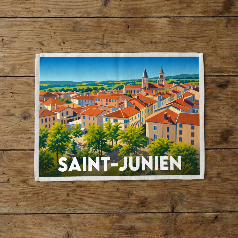Torchon souvenir de la ville de Saint-Junien avec une illustration panoramique stylisée.