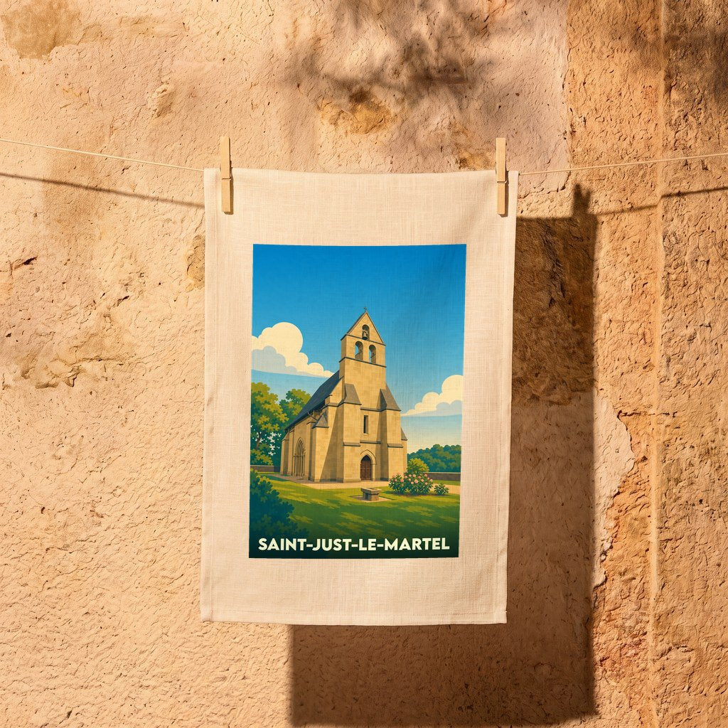 Torchon souvenir de la ville de Saint-Just-le-Martel avec une illustration stylisée de son église.