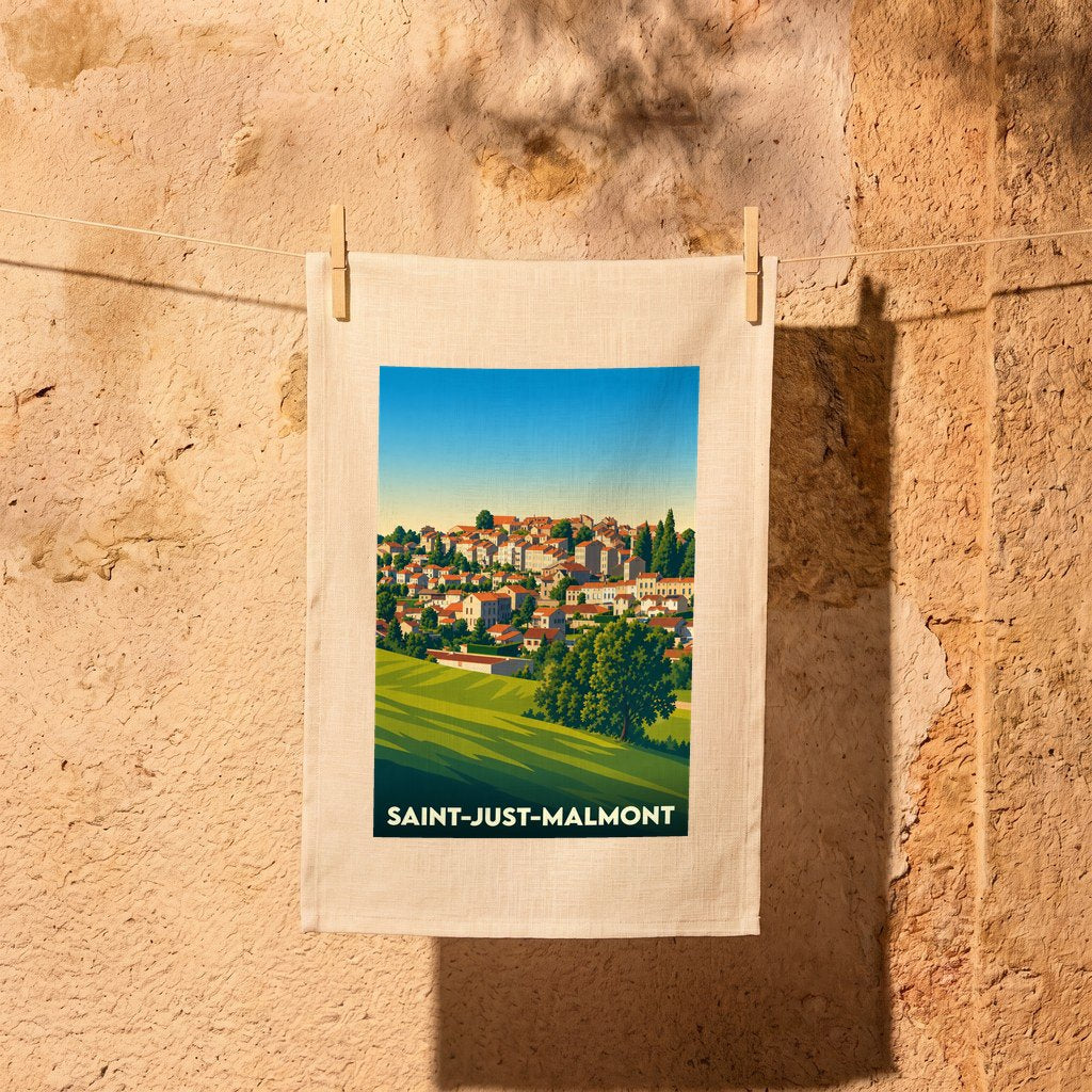Torchon souvenir de la ville de Saint-Just-Malmont avec une illustration stylisée de ses paysages et habitations.