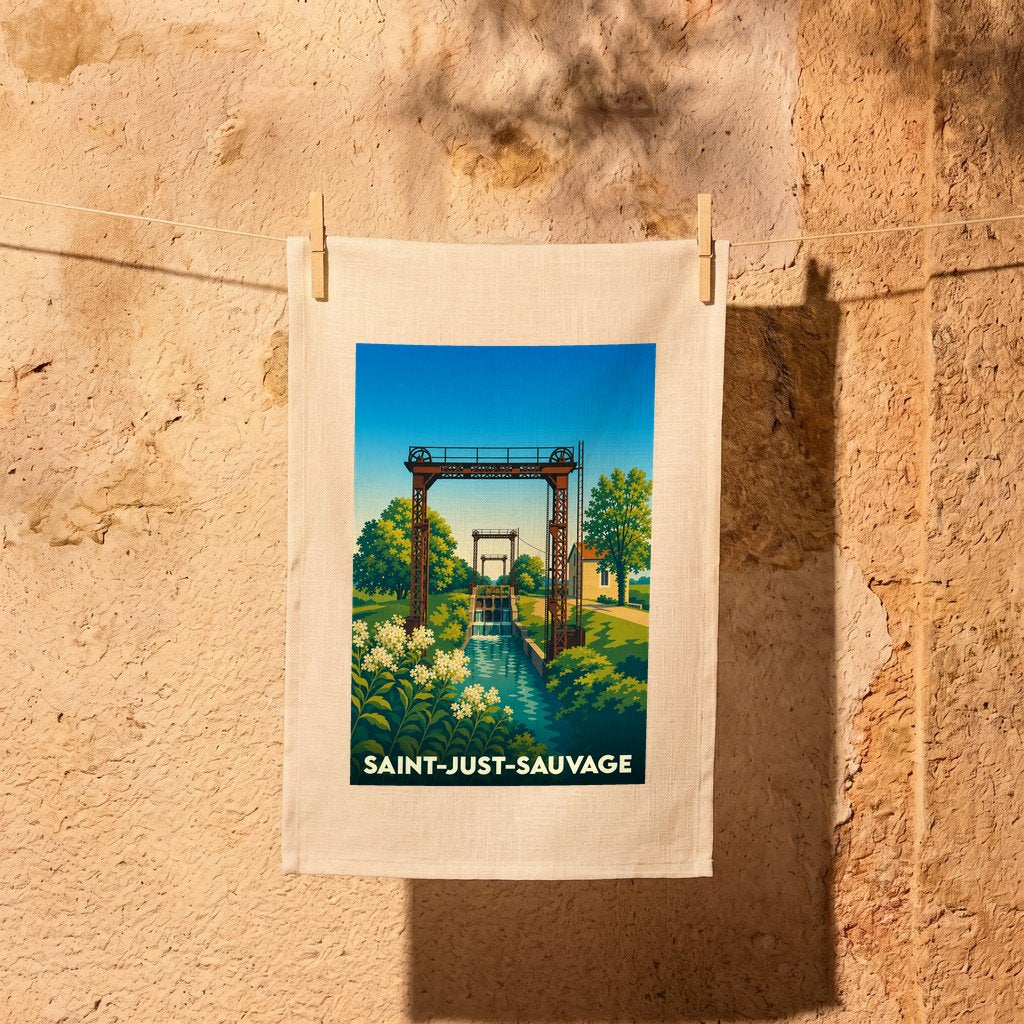 Torchon souvenir de la ville de Saint-Just-Sauvage orné d'une illustration stylisée de son canal.