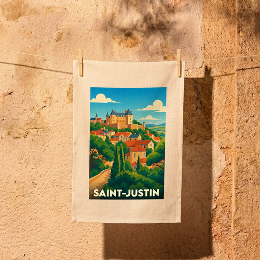 Torchon souvenir de la ville de Saint-Justin illustré d'un paysage coloré de village perché.