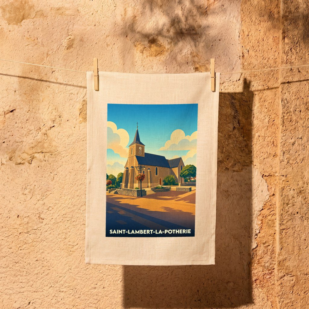 Torchon souvenir de la ville de Saint-Lambert-la-Potherie illustrant son église dans un style graphique épuré.
