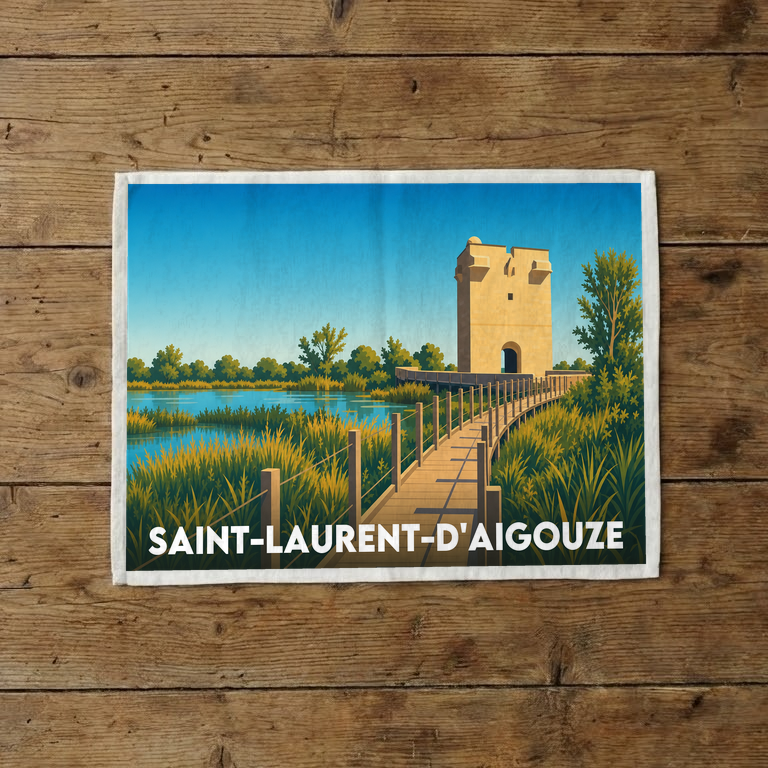 Torchon souvenir de la ville de Saint-Laurent-d'Aigouze avec une illustration stylisée.