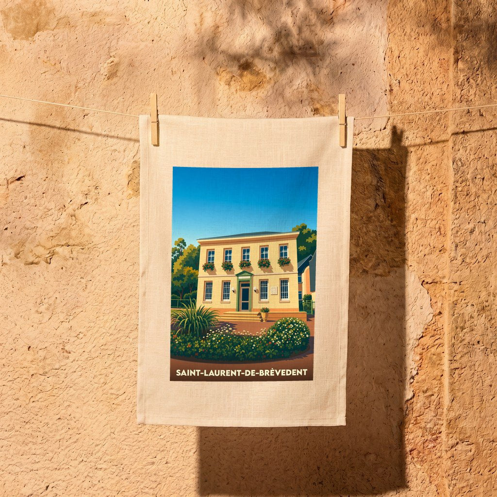 Torchon souvenir de la ville de Saint-Laurent-de-Brèvedent avec une illustration stylisée.