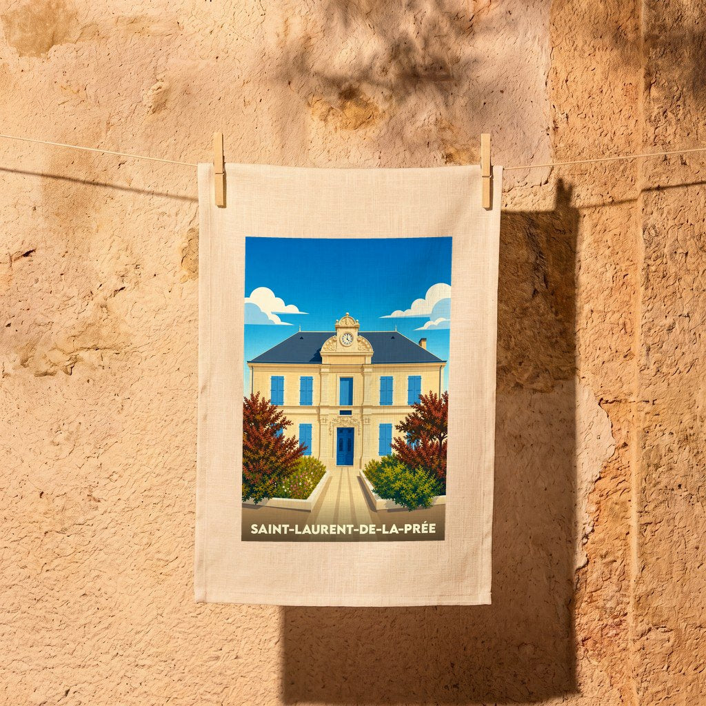 Torchon souvenir de la ville de Saint-Laurent-de-la-Prée avec une illustration stylisée de sa mairie.