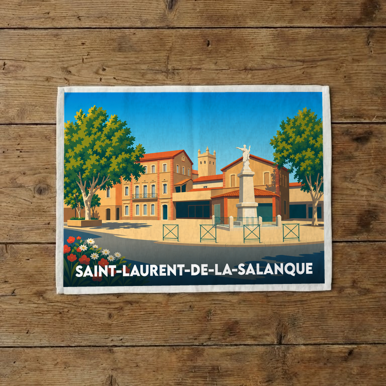 Torchon souvenir de la ville de Saint-Laurent-de-la-Salanque avec une illustration stylisée de sa place principale.