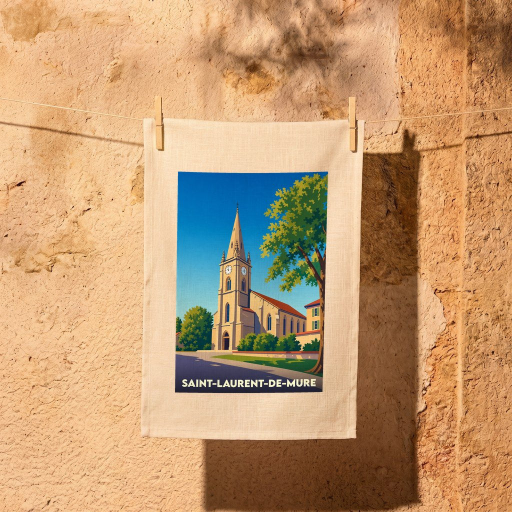 Torchon de cuisine souvenir de la ville de Saint-Laurent-de-Mure avec une illustration stylisée de son église.