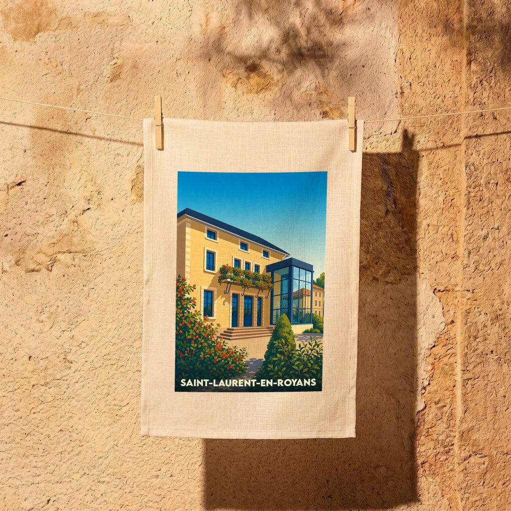 Torchon souvenir de la ville de Saint-Laurent-en-Royans avec une illustration stylisée d'un bâtiment provençal.