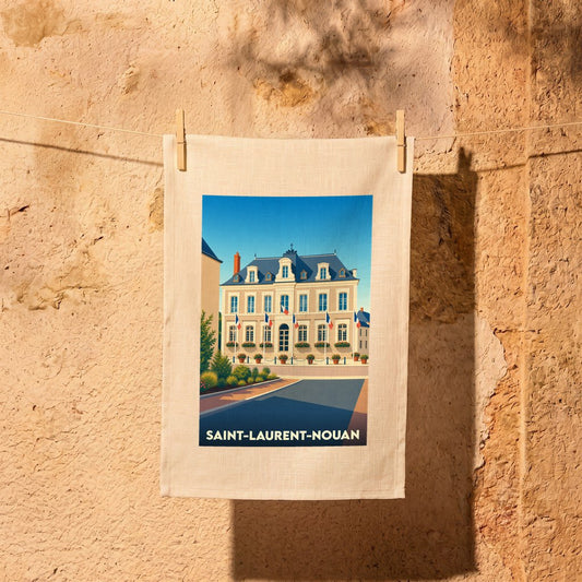 Torchon souvenir de la ville de Saint-Laurent-Nouan avec une illustration stylisée de l'hôtel de ville.