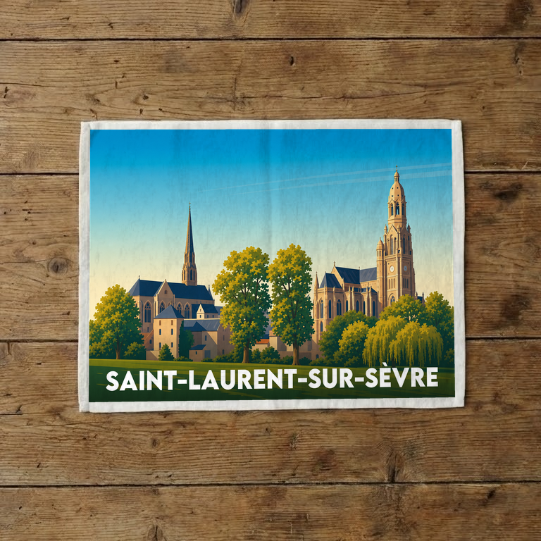 Torchon souvenir de la ville de Saint-Laurent-sur-Sèvre avec une illustration stylisée de son patrimoine.