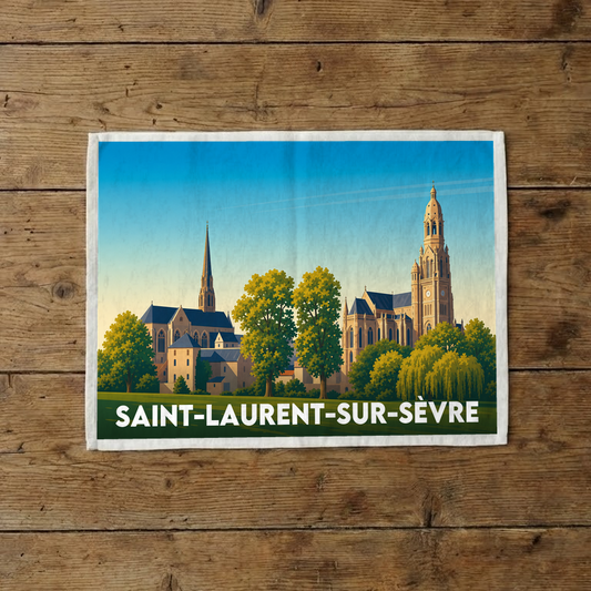Torchon souvenir de la ville de Saint-Laurent-sur-Sèvre avec une illustration stylisée de son patrimoine.