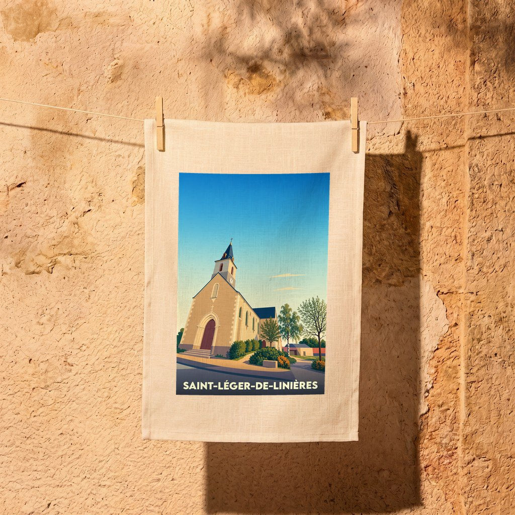 Torchon souvenir de la ville de Saint-Léger-de-Linières avec une illustration stylisée de son église.