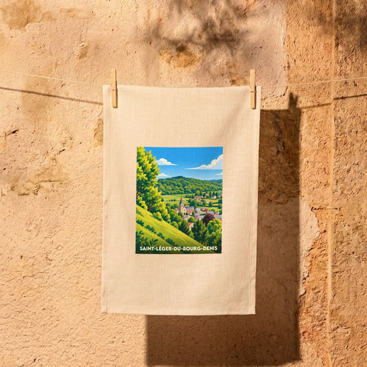 Torchon souvenir de la ville de Saint-Léger-du-Bourg-Denis avec une illustration stylisée de son paysage vallonné.