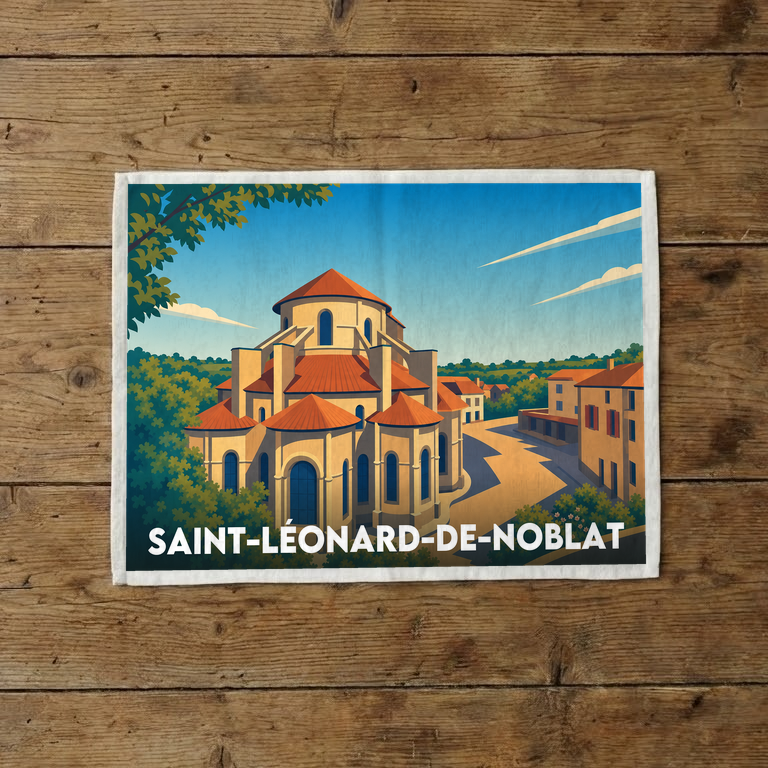 Torchon souvenir de la ville de Saint-Léonard-de-Noblat avec une illustration stylisée.