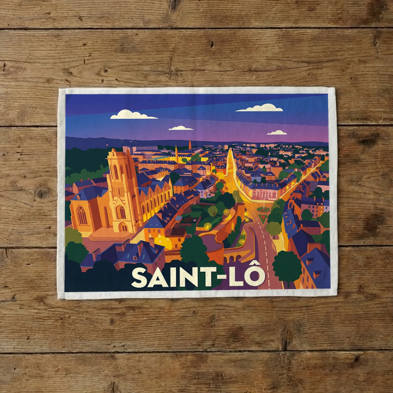 Torchon souvenir de la ville de Saint-Lô avec une illustration stylisée.
