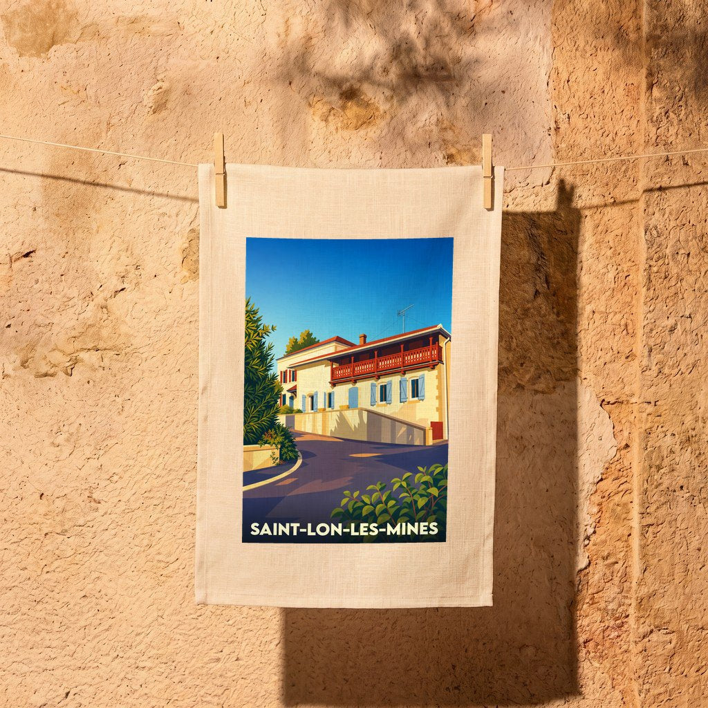 Torchon souvenir de la ville de Saint-Lon-les-Mines avec une illustration stylisée d'une maison basque sous un ciel bleu.