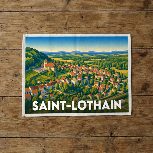 Torchon souvenir de la ville de Saint-Lothain avec une illustration stylisée.