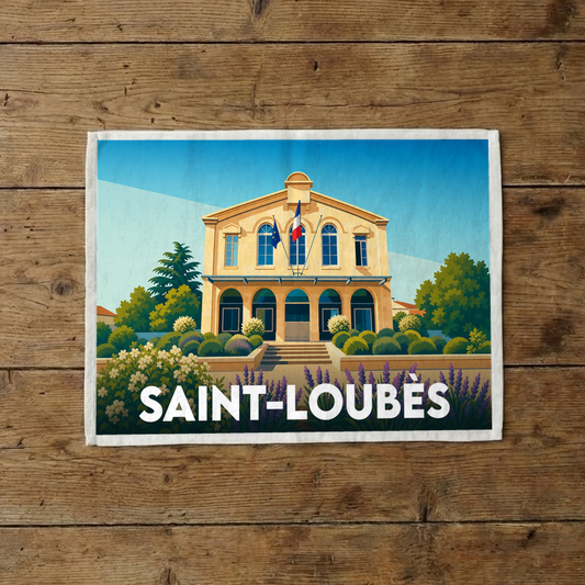 Torchon souvenir de la ville de Saint-Loubès avec une illustration stylisée de sa mairie.