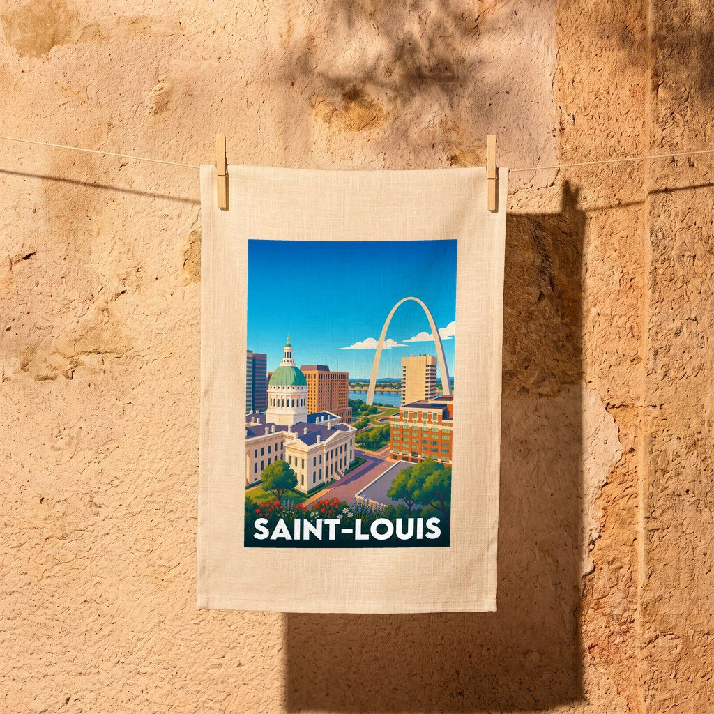 Torchon souvenir de la ville de Saint-Louis avec une illustration stylisée de ses monuments emblématiques.