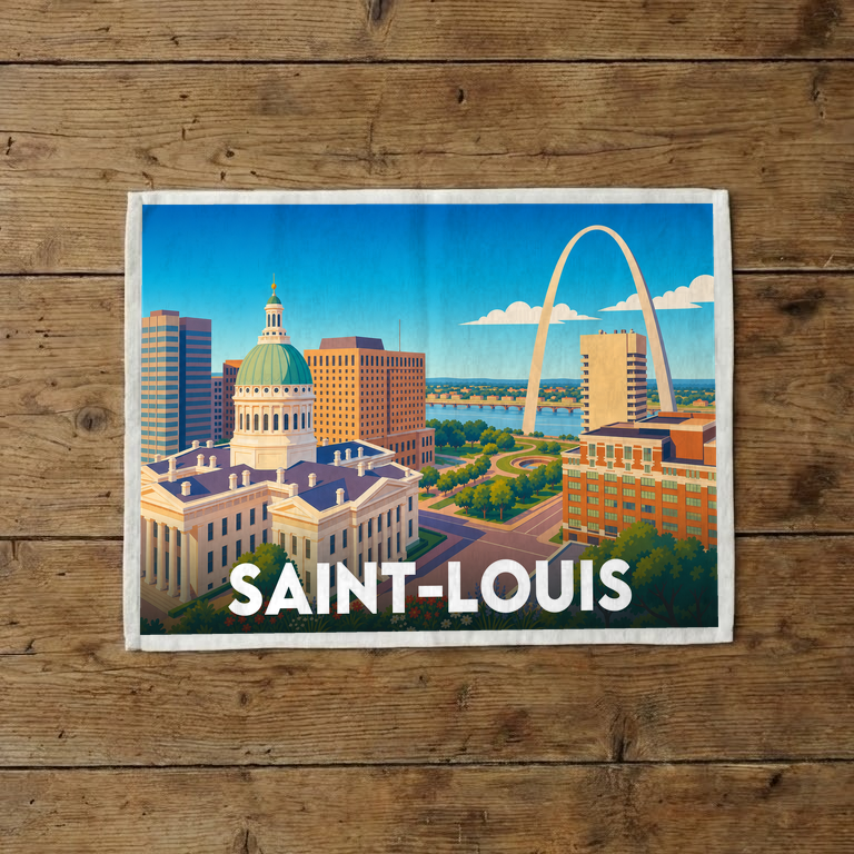 Torchon souvenir de la ville de Saint-Louis avec une illustration stylisée de ses monuments emblématiques.