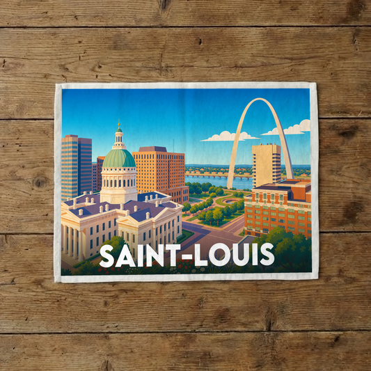 Torchon souvenir de la ville de Saint-Louis avec une illustration stylisée de ses monuments emblématiques.