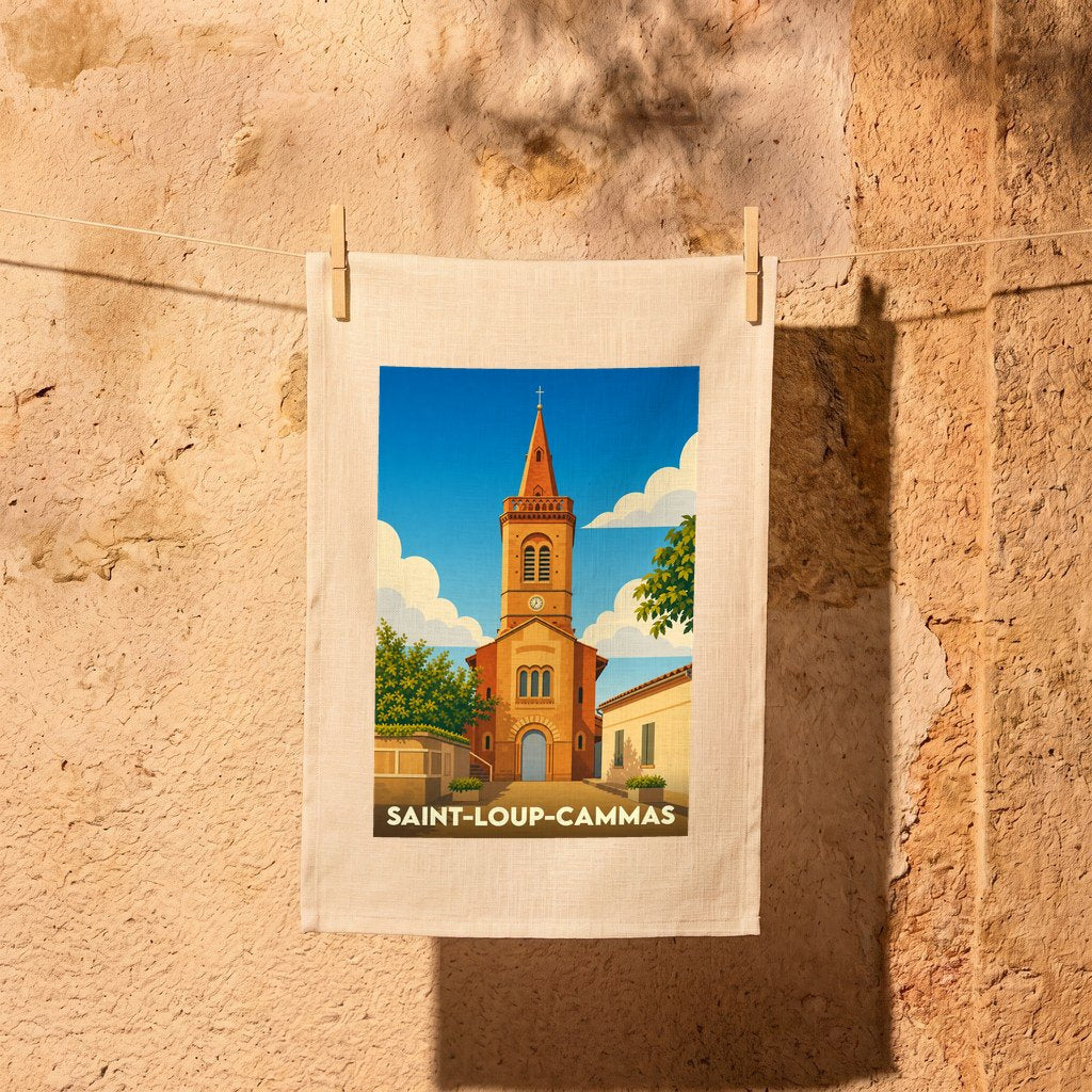 Torchon souvenir de la ville de Saint-Loup-Cammas avec une illustration stylisée de son église.