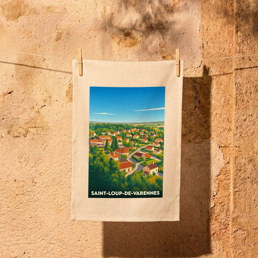 Torchon souvenir de la ville de Saint-Loup-de-Varennes avec une illustration stylisée.