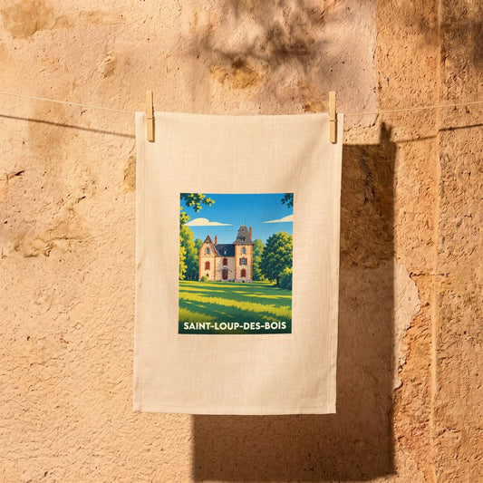 Torchon souvenir de la ville de Saint-Loup-des-Bois avec une illustration stylisée d'un château.