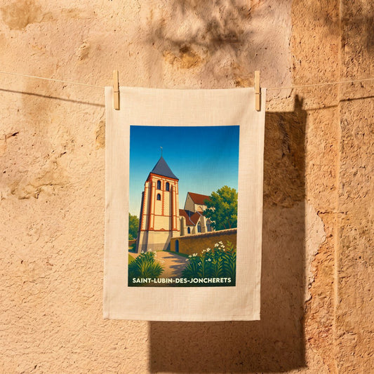 Torchon souvenir de la ville de Saint-Lubin-des-Joncherets avec une illustration stylisée de son église.