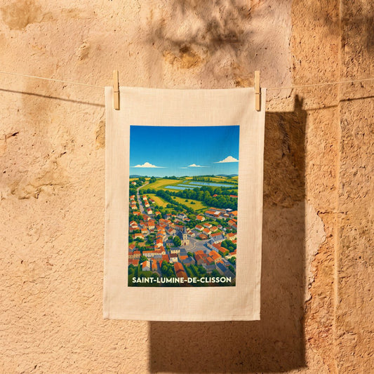 Torchon souvenir de la ville de Saint-Lumine-de-Clisson avec une illustration stylisée.