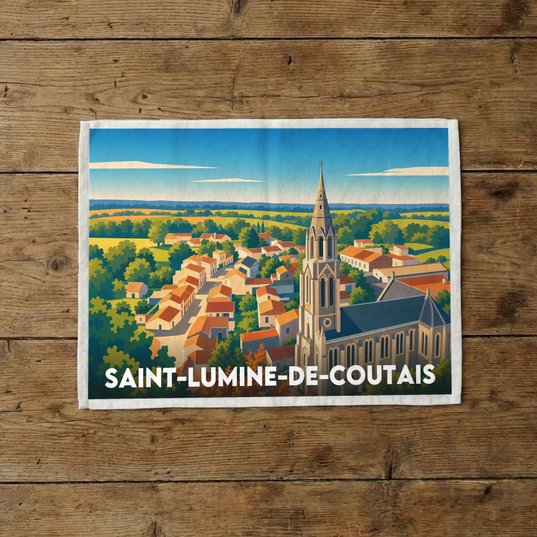 Torchon souvenir de la ville de Saint-Lumine-de-Coutais avec une illustration paysagère stylisée.