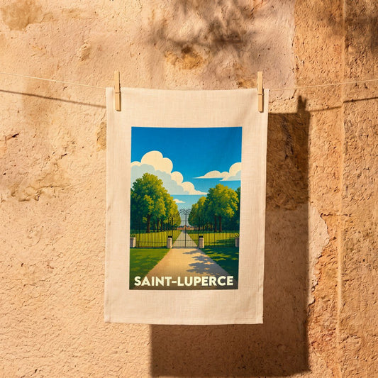 Torchon souvenir de la ville de Saint-Luperce orné d'une illustration stylisée d'un parc avec grille et allée arborée.