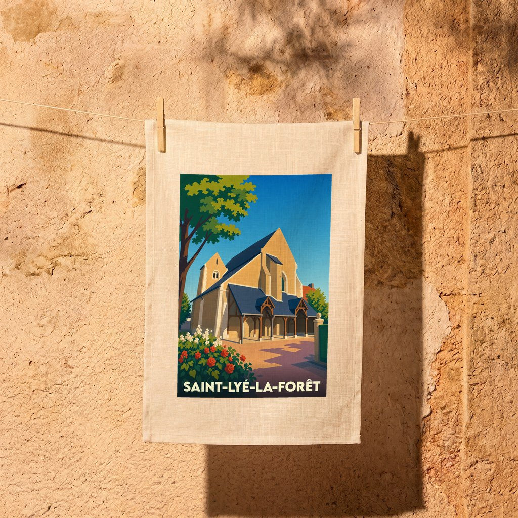 Torchon souvenir de la ville de Saint-Lyé-la-Forêt orné d'une illustration stylisée de son église.