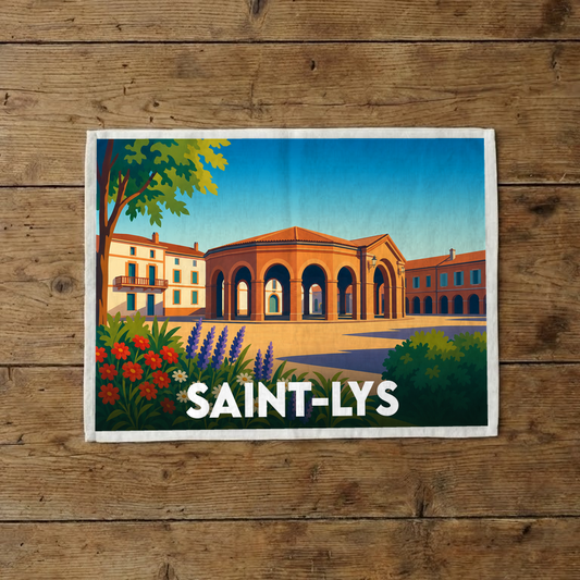 Torchon souvenir de la ville de Saint-Lys orné d'une illustration stylisée de sa halle centrale.